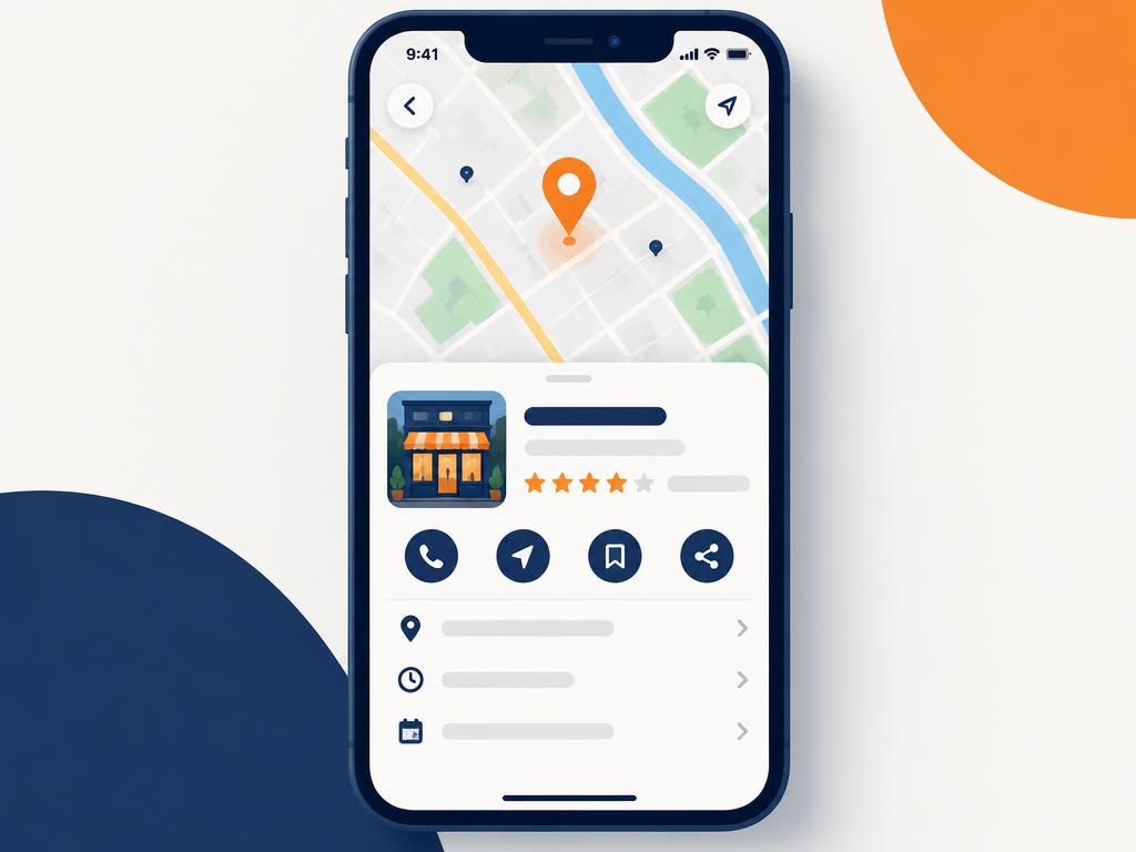 Local business listing with map pin on a smartphone