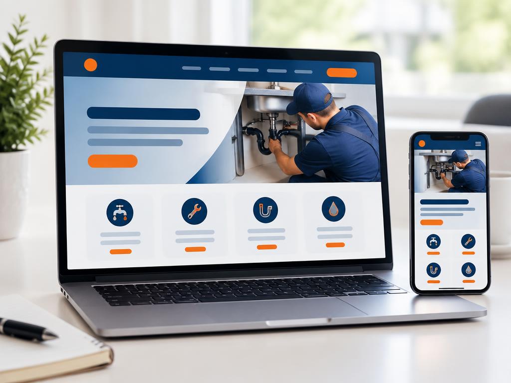 Custom plumbing company website shown on a laptop and phone